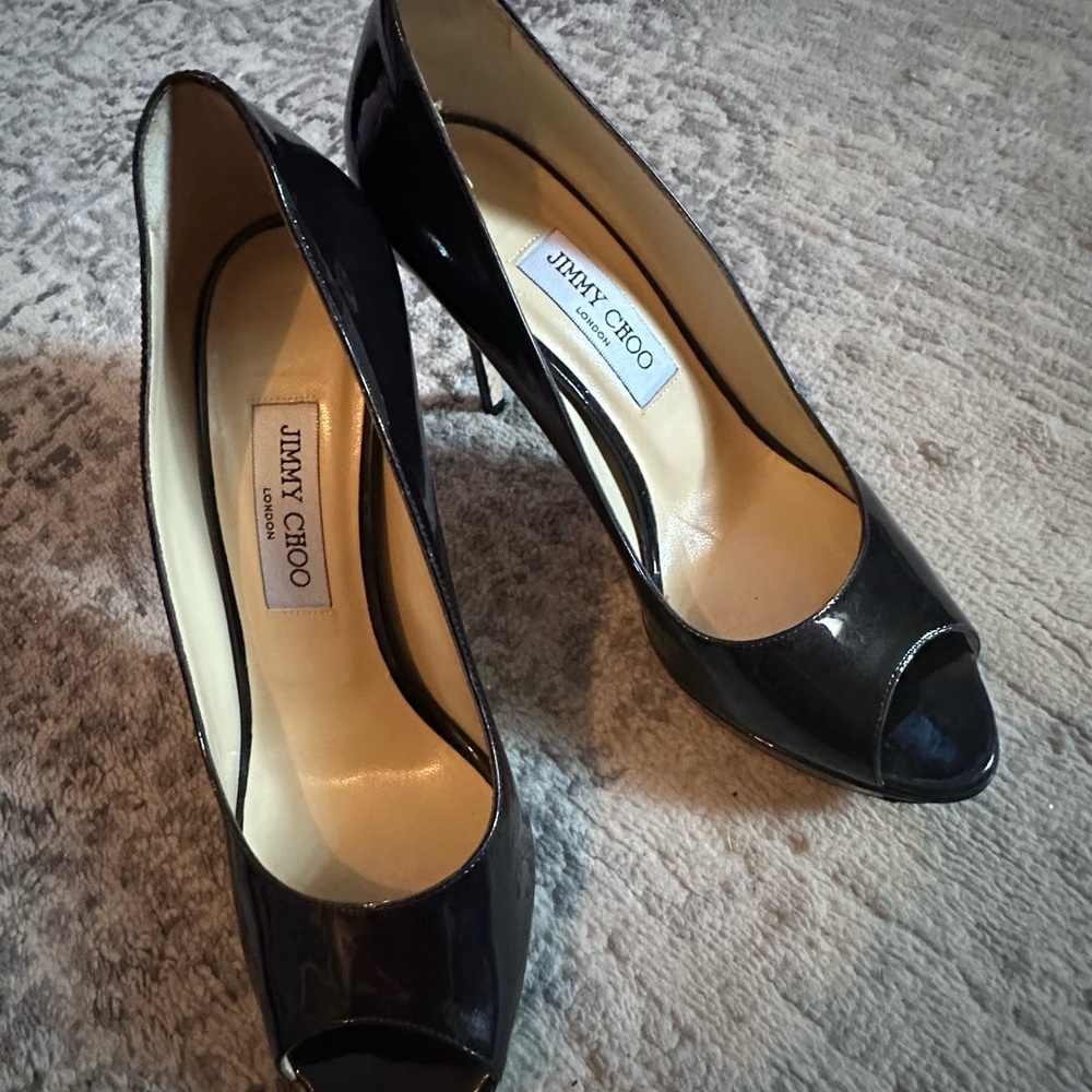 SOLD/Not For Sale
Jimmy Choo Glossy Peep Toe Heels